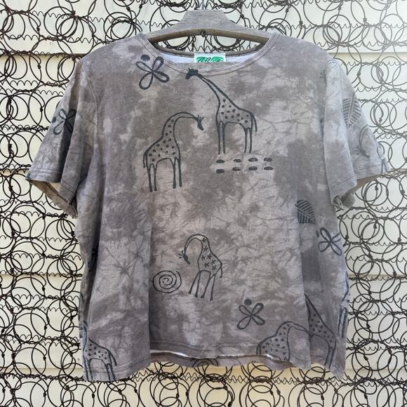 Vintage 90s Tribal Animal Art Giraffe Zoo Short Sleeve T-shirt Gray Brown XL? - Picture 1 of 9